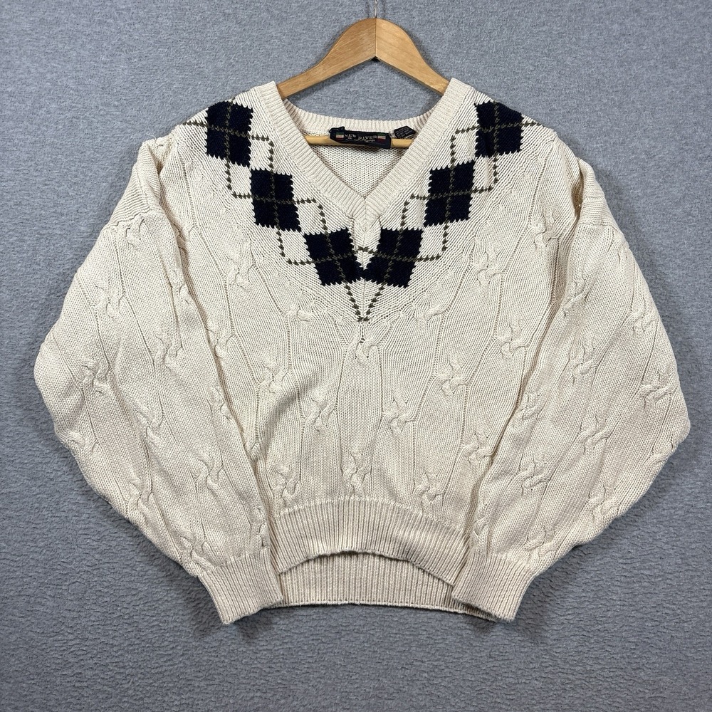 Vintage 90s New River J Riggins Argyle Cable Knit V Neck Sweater Mens M Cream